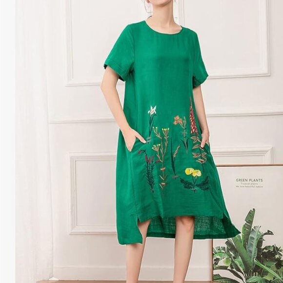 Boho Chic Floral Embroidered Linen Cotton Summer Tunic Dress - Picture 3 of 3